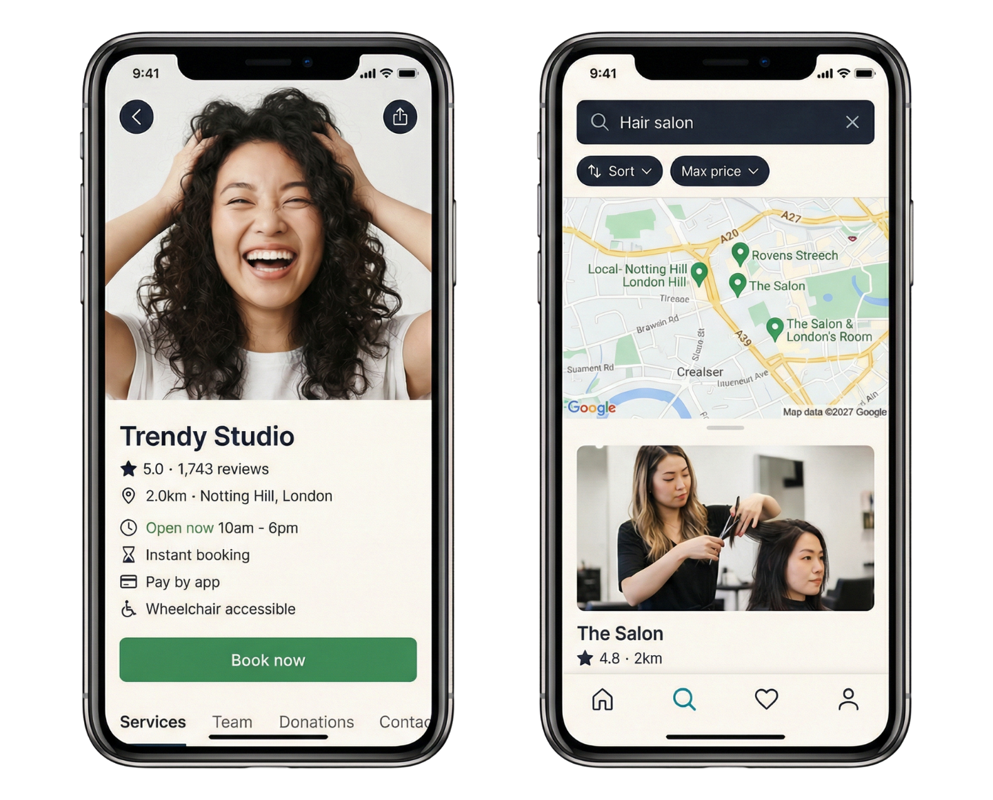 EVA Local mobile app showing vendor profile and map search