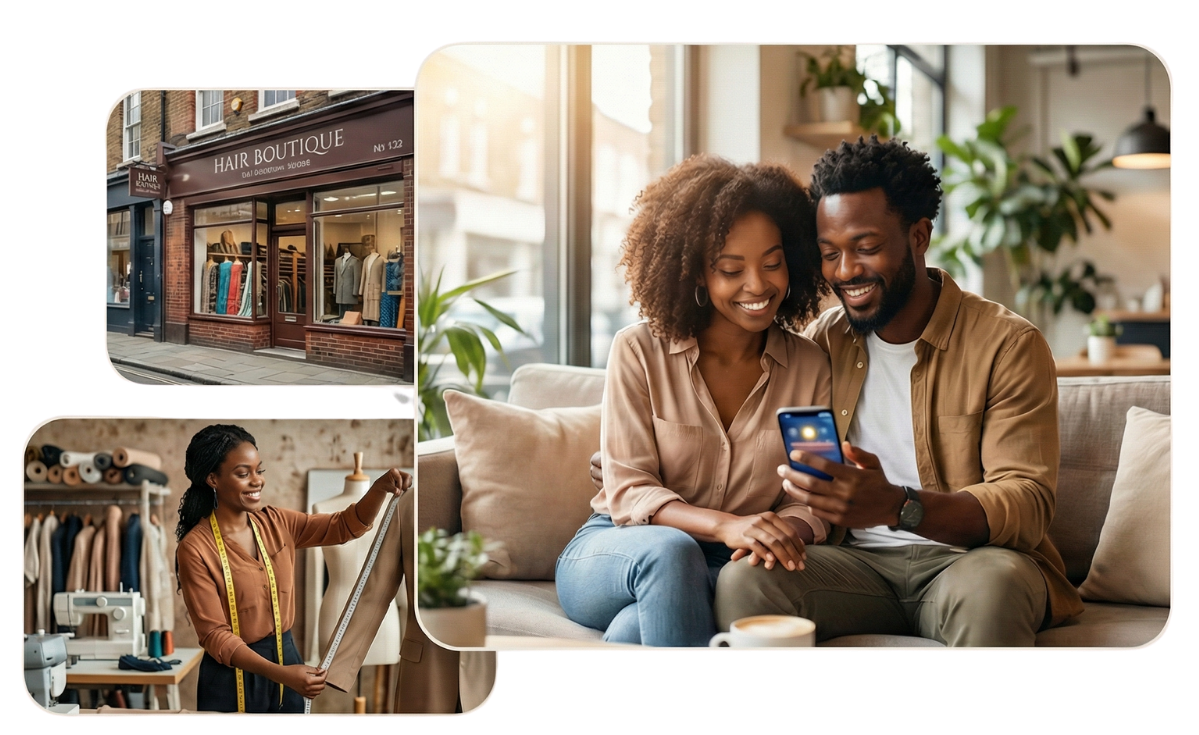Local businesses including hair boutique storefront, tailor at work, and couple browsing on phone